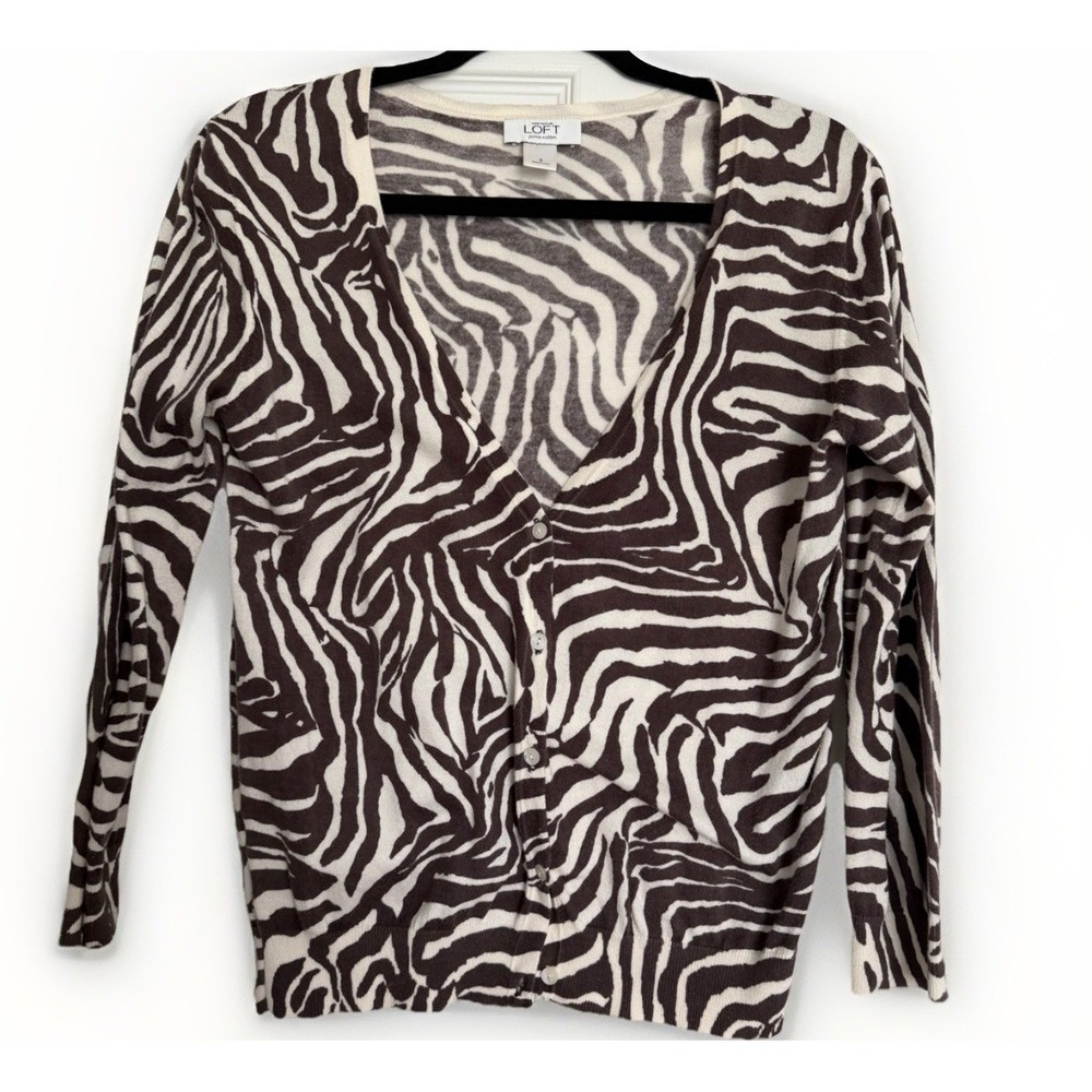Ann Taylor‎ LOFT Zebra Print Cardigan Sweater Small Pima Cotton V-Neck Button Up